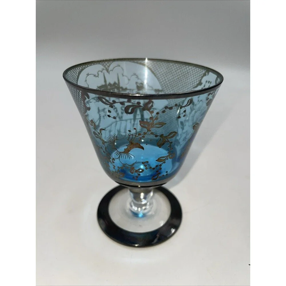 Cobalt Blue 6 wine cocktail stems inlaid sterling man in Asian scene flowers 4”
